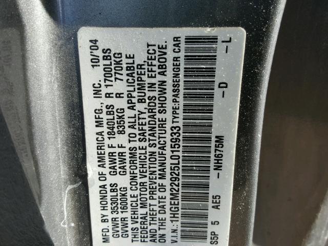 1HGEM22925L015933 - 2005 HONDA CIVIC EX ნაცრისფერი ფოტო 10