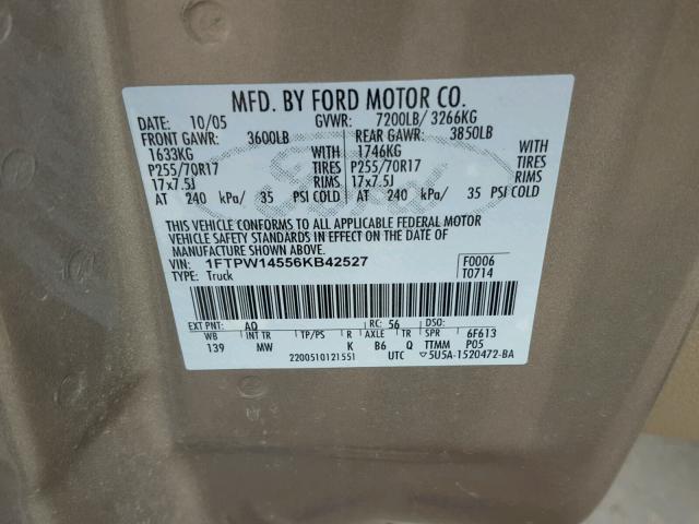 1FTPW14556KB42527 - 2006 FORD F150 SUPER TAN photo 10