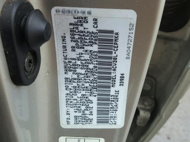 4T1BE32K72U011563 - 2002 TOYOTA CAMRY LE SILVER photo 10
