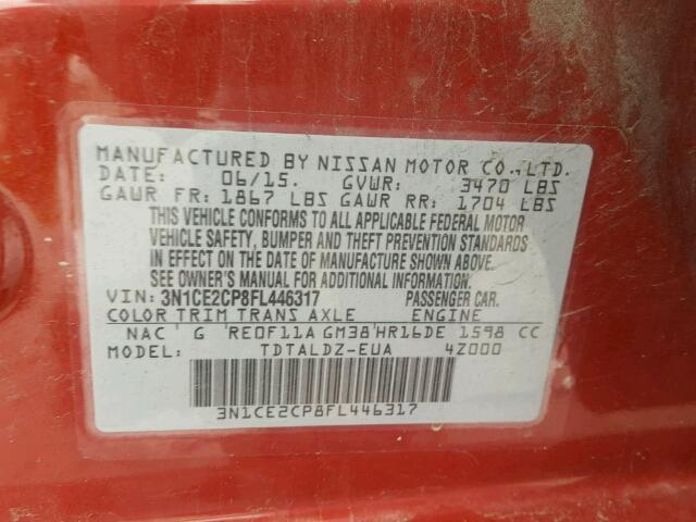 3N1CE2CP8FL446317 - 2015 NISSAN VERSA NOTE RED photo 10