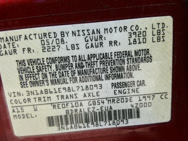 3N1AB61E98L718093 - 2008 NISSAN SENTRA 2.0 RED photo 10