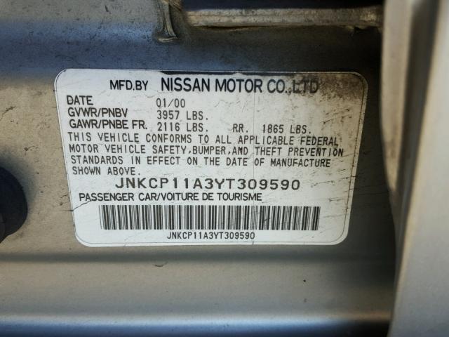 JNKCP11A3YT309590 - 2000 INFINITI G20 GRAY photo 10