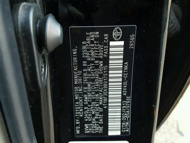 4T1BF3EK9BU175115 - 2011 TOYOTA CAMRY BASE BLACK photo 10