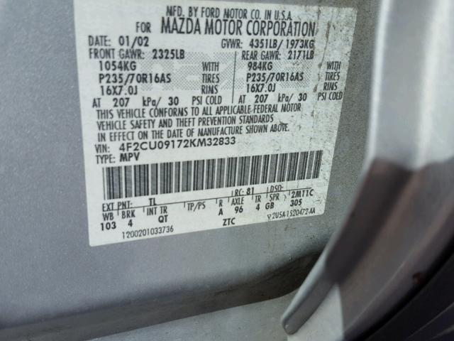 4F2CU09172KM32833 - 2002 MAZDA TRIBUTE LX SILVER photo 10