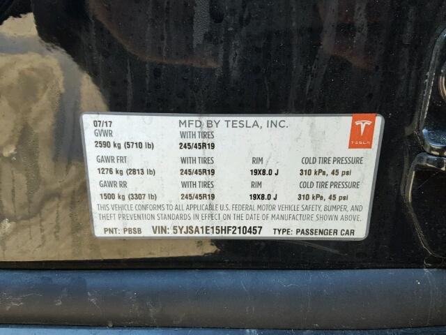 5YJSA1E15HF210457 - 2017 TESLA MODEL S BLACK photo 10