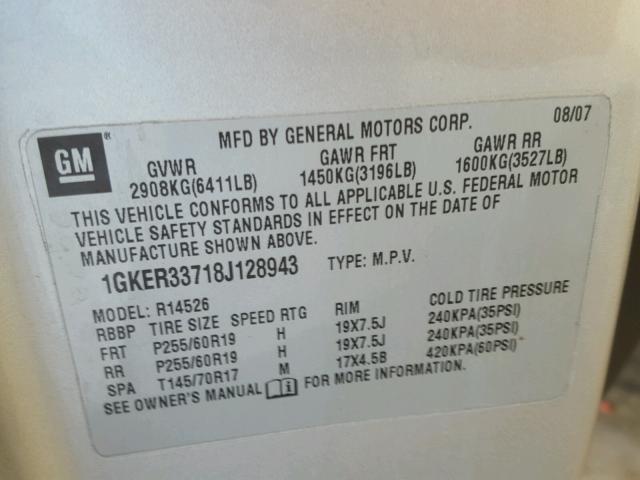 1GKER33718J128943 - 2008 GMC ACADIA SLT ვერცხლისფერი ფოტო 10