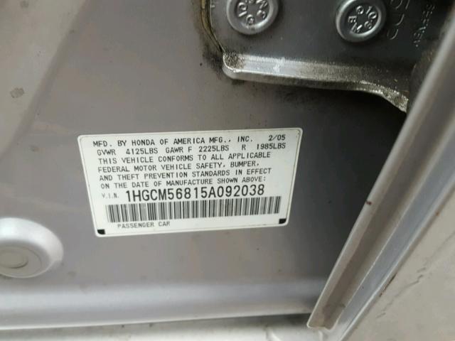 1HGCM56815A092038 - 2005 HONDA ACCORD EX SILVER photo 10