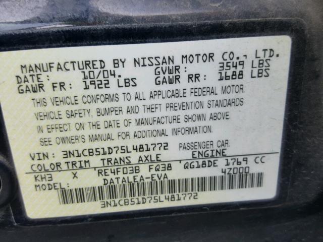 3N1CB51D75L481772 - 2005 NISSAN SENTRA 1.8 BLACK photo 10