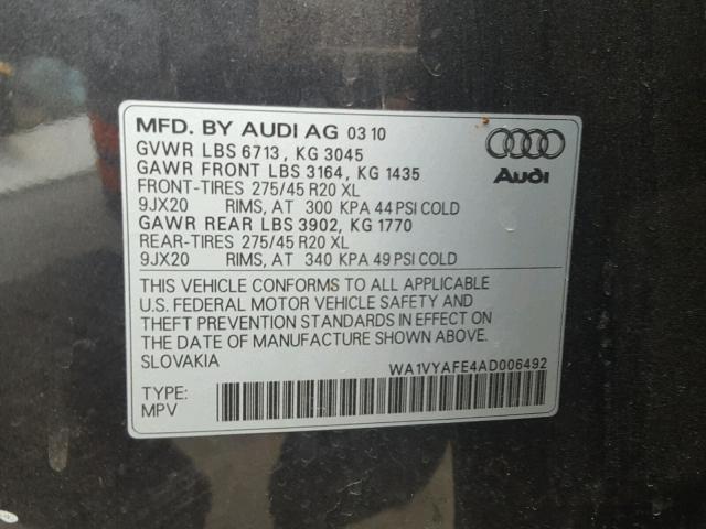 WA1VYAFE4AD006492 - 2010 AUDI Q7 PRESTIG CHARCOAL photo 10