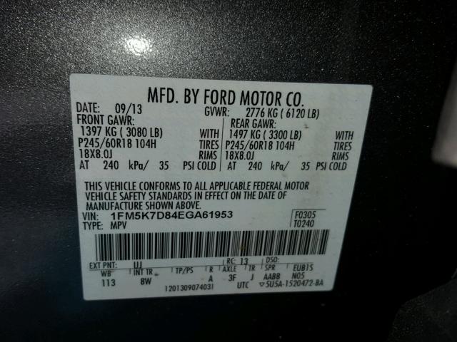 1FM5K7D84EGA61953 - 2014 FORD EXPLORER X GRAY photo 10