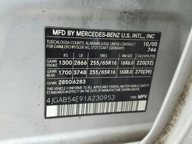 4JGAB54E91A230953 - 2001 MERCEDES-BENZ ML 320 SILVER photo 10