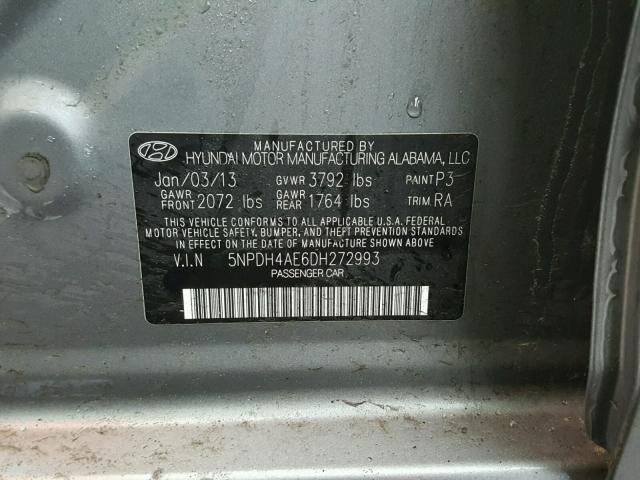 5NPDH4AE6DH272993 - 2013 HYUNDAI ELANTRA GL GRAY photo 10