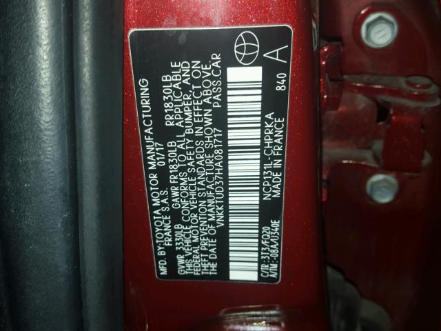 VNKKTUD37HA081717 - 2017 TOYOTA YARIS L RED photo 10