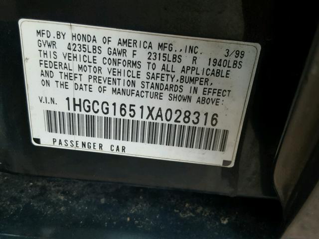 1HGCG1651XA028316 - 1999 HONDA ACCORD EX GREEN photo 10