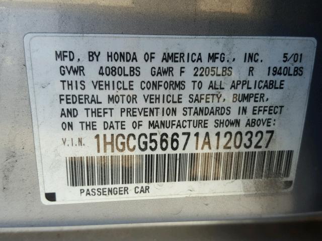 1HGCG56671A120327 - 2001 HONDA ACCORD EX SILVER photo 10