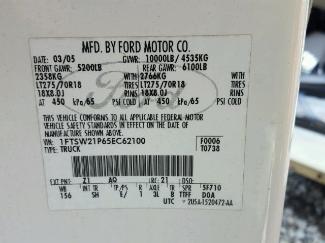 1FTSW21P65EC62100 - 2005 FORD F250 SUPER WHITE photo 10