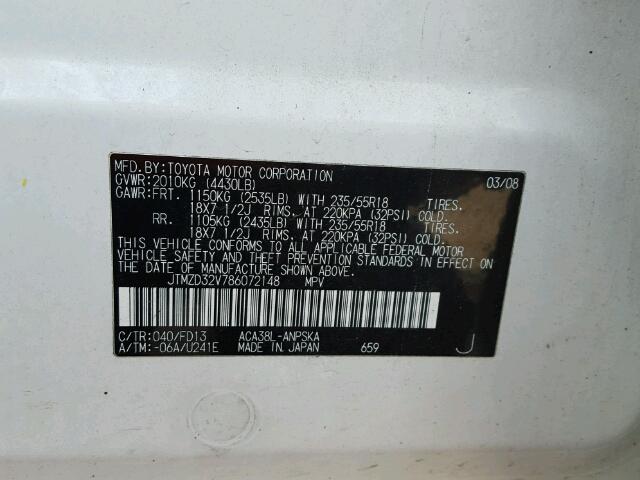 JTMZD32V786072148 - 2008 TOYOTA RAV4 SPORT WHITE photo 10