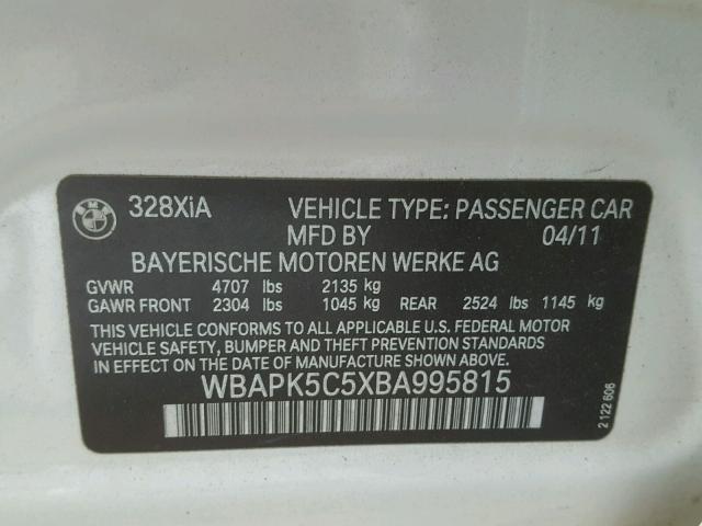 WBAPK5C5XBA995815 - 2011 BMW 328 XI SUL WHITE photo 10