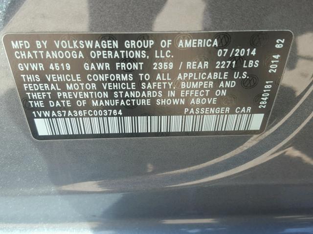 1VWAS7A36FC003764 - 2015 VOLKSWAGEN PASSAT S GRAY photo 10