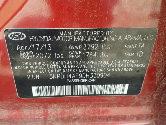 5NPDH4AE9DH330904 - 2013 HYUNDAI ELANTRA GL RED photo 10