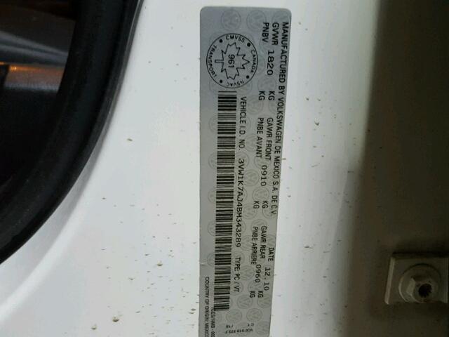 3VW1K7AJ4BM343289 - 2011 VOLKSWAGEN JETTA BASE 白色 照片 10