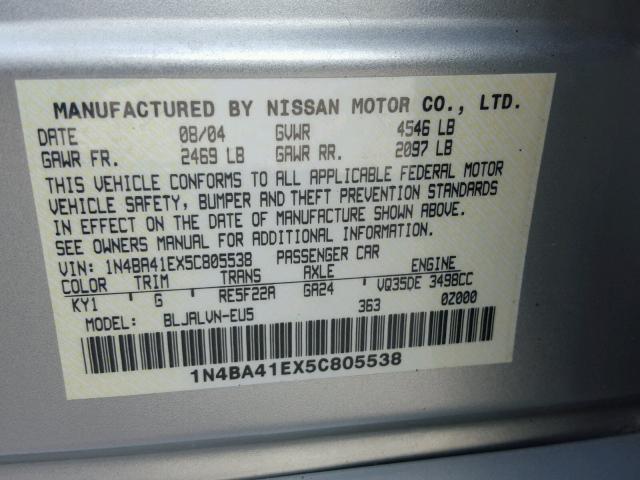 1N4BA41EX5C805538 - 2005 NISSAN MAXIMA SE SILVER photo 10