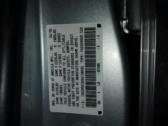 1HGCM563X6A138682 - 2006 HONDA ACCORD SE SILVER photo 10