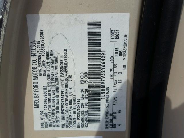 1LNHM97V52Y664291 - 2002 LINCOLN CONTINENTA CREAM photo 10