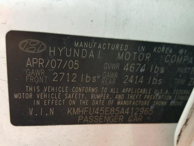 KMHFU45E85A412965 - 2005 HYUNDAI XG 350 WHITE photo 10