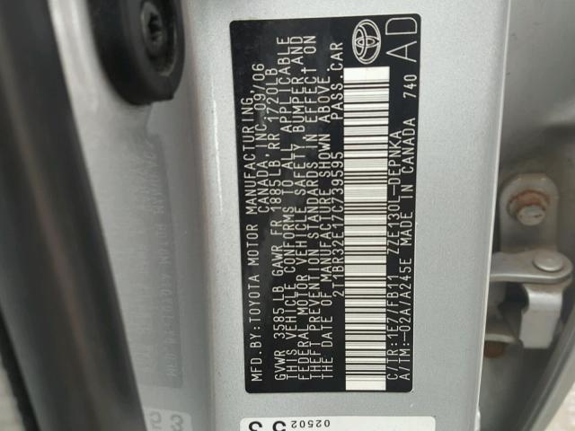 2T1BR32E17C739595 - 2007 TOYOTA COROLLA CE SILVER photo 10