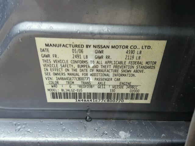 1N4BA41E77C800770 - 2007 NISSAN MAXIMA SE GRAY photo 10