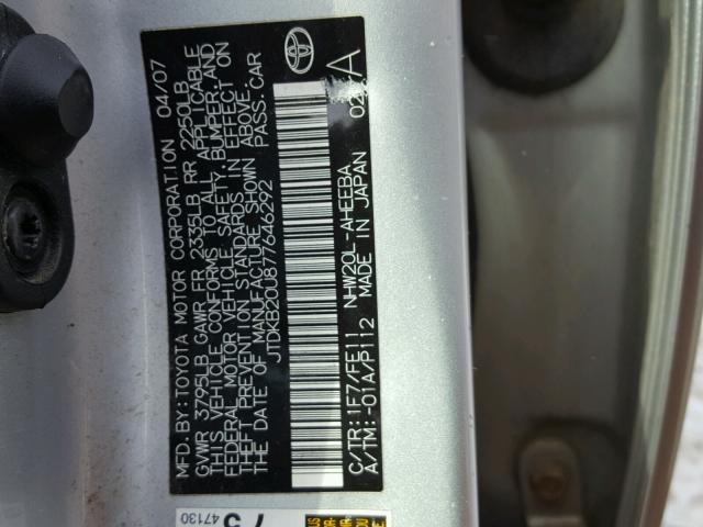 JTDKB20U877646292 - 2007 TOYOTA PRIUS GRAY photo 10