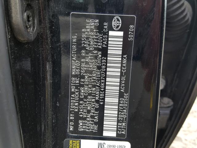 4T1BE46K87U708392 - 2007 TOYOTA CAMRY NEW BLACK photo 10