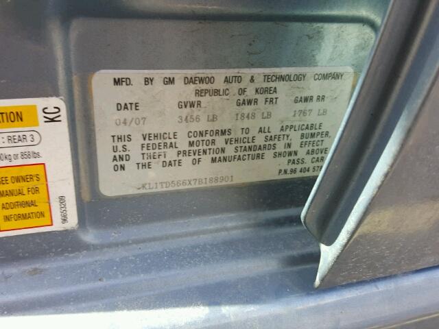 KL1TD566X7B188901 - 2007 CHEVROLET AVEO BASE Niebieski zdjęcie 10