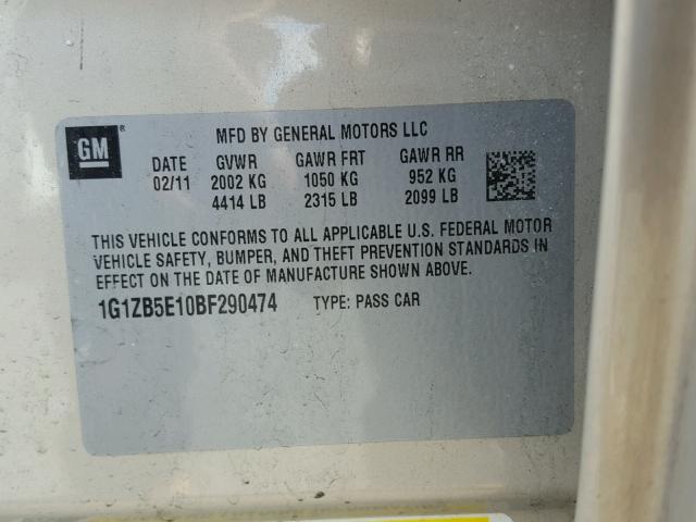 1G1ZB5E10BF290474 - 2011 CHEVROLET MALIBU LS 金色 照片 10