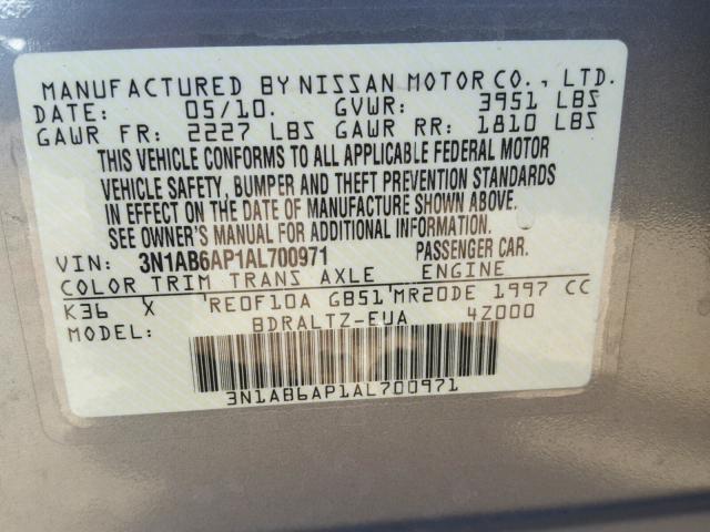 3N1AB6AP1AL700971 - 2010 NISSAN SENTRA 2.0 SILVER photo 10