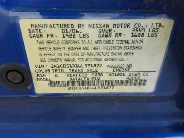 3N1CB51D16L521877 - 2006 NISSAN SENTRA 1.8 BLUE photo 10