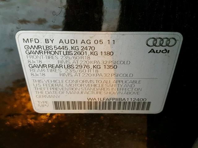 WA1LFAFP8BA112400 - 2011 AUDI Q5 PREMIUM BLACK photo 10