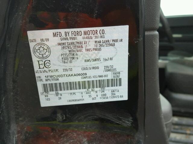 1FMCU0D7XAKA06009 - 2010 FORD ESCAPE XLT BLACK photo 10