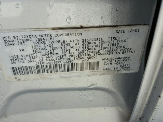 JTEGH20V820060380 - 2002 TOYOTA RAV4 SILVER photo 10