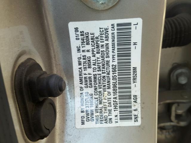 1HGFA16896L051662 - 2006 HONDA CIVIC EX SILVER photo 10