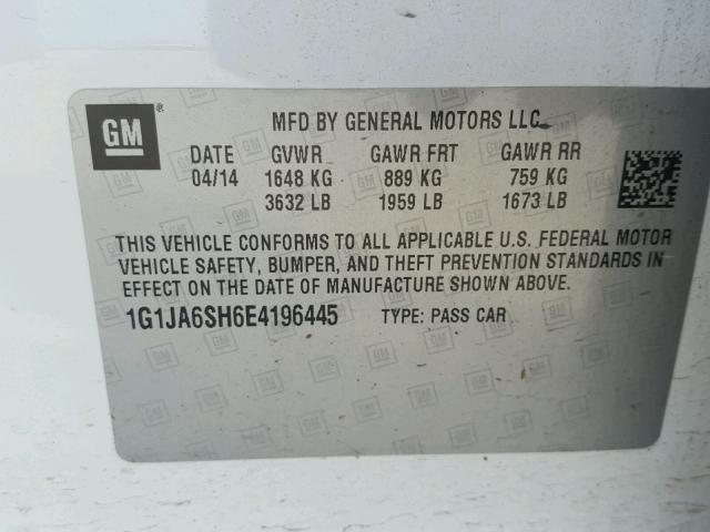 1G1JA6SH6E4196445 - 2014 CHEVROLET SONIC LS 白色 照片 10