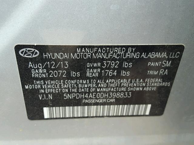 5NPDH4AE0DH398833 - 2013 HYUNDAI ELANTRA GL SILVER photo 10