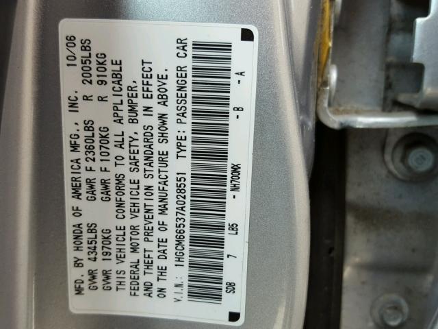 1HGCM66537A028551 - 2007 HONDA ACCORD EX SILVER photo 10