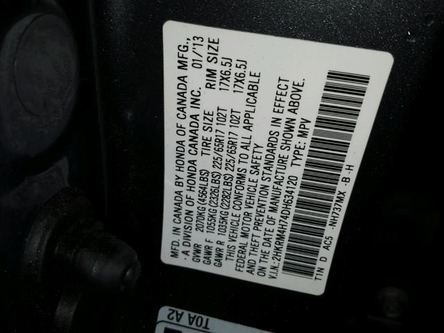 2HKRM4H74DH634120 - 2013 HONDA CR-V EXL GRAY photo 10