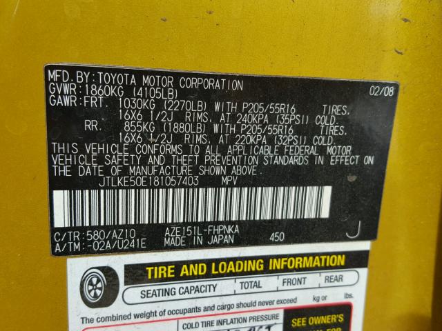 JTLKE50E181057403 - 2008 TOYOTA SCION XB 金色 照片 10