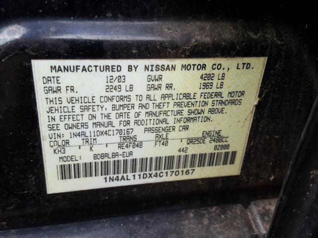 1N4AL11DX4C170167 - 2004 NISSAN ALTIMA BAS BLACK photo 10