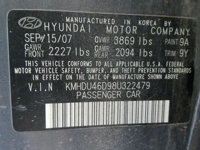 KMHDU46D98U322479 - 2008 HYUNDAI ELANTRA GL GRAY photo 10