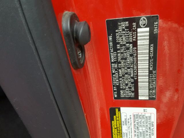 4T1CA38P24U016370 - 2004 TOYOTA CAMRY SOLA RED photo 10