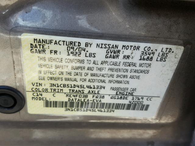 3N1CB51D45L461334 - 2005 NISSAN SENTRA 1.8 TAN photo 10